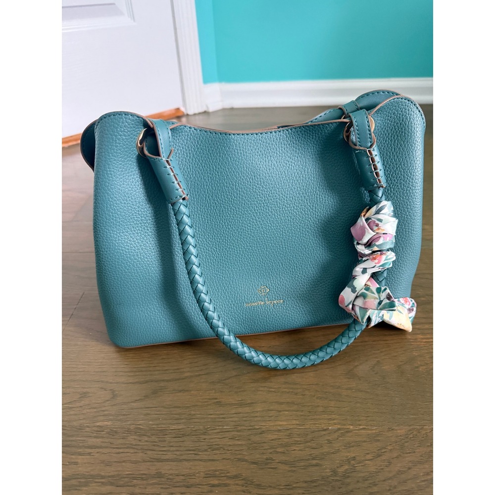 Nanette Lepore Teal Blue Pebbled Vegan Leather Braided Handle Satchel Scarf Bag